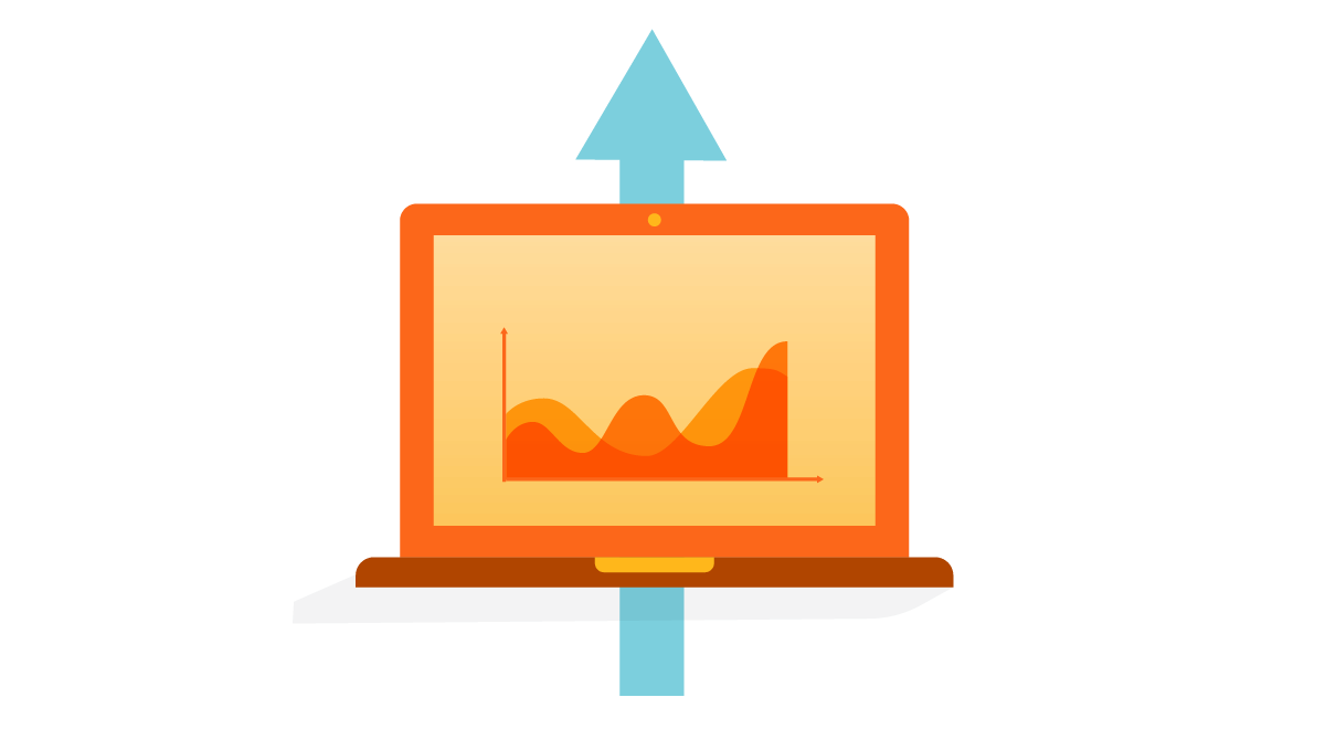 orange laptop metrics with blue arrow pointing up