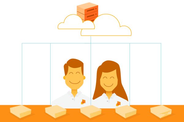 happy man and woman saving time from file management