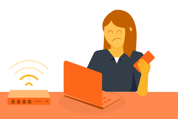 unhappy woman trying to connect laptop to router